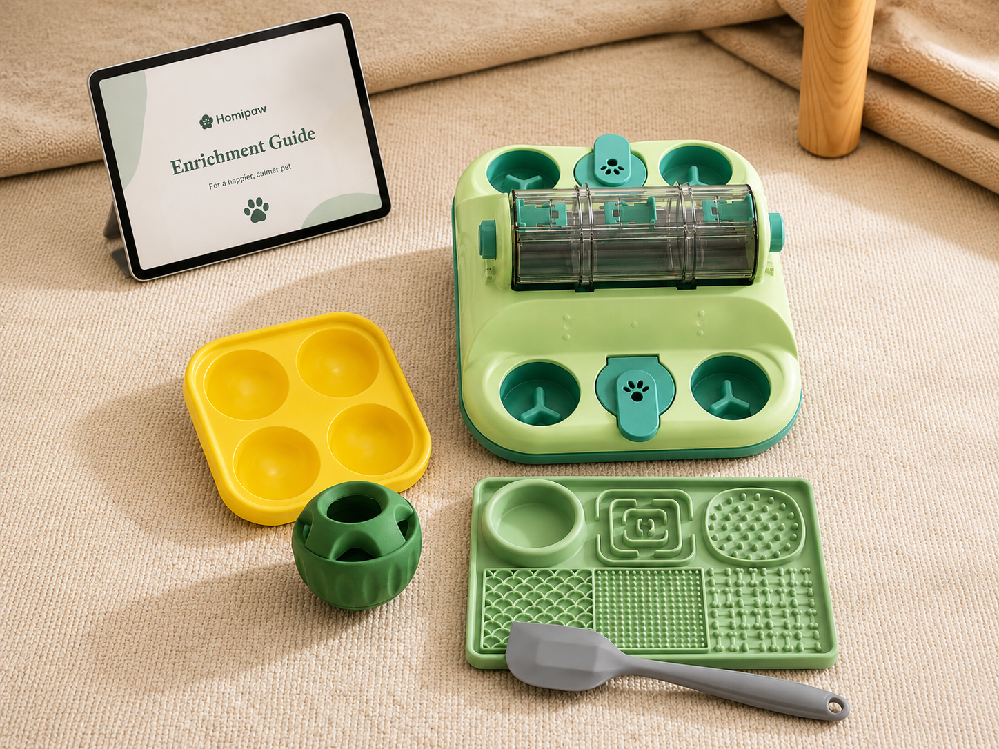 Kit Calma Indoor Homipaw con puzzle dispensador, alfombra de lamido, juguete rellenable y guía digital
