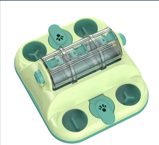 Pet feeder, educational food dispenser.