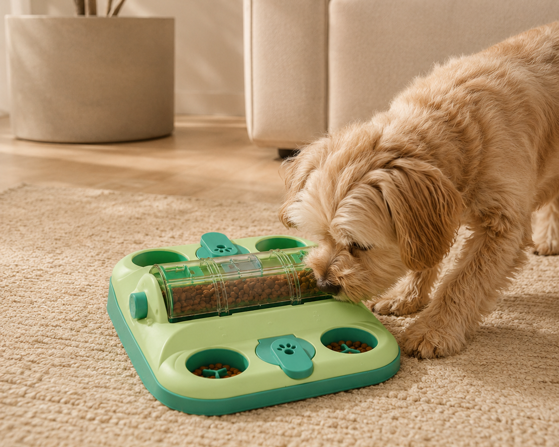 Perro usando el Kit Calma Indoor de Homipaw en casa